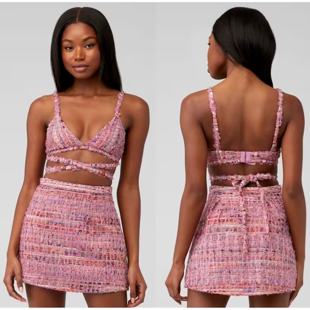 For Love & Lemons Dionne Bra Top Pink Tweed Crop Sequin Wrap Small NWT